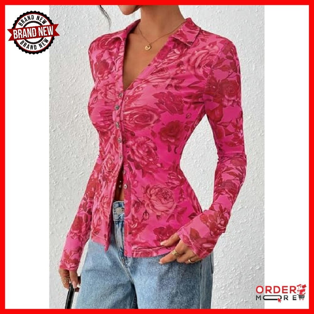 Floral Mesh Blouse Long Sleeve V Neck Boho Button Down Shirt - Picture 7 of 8
